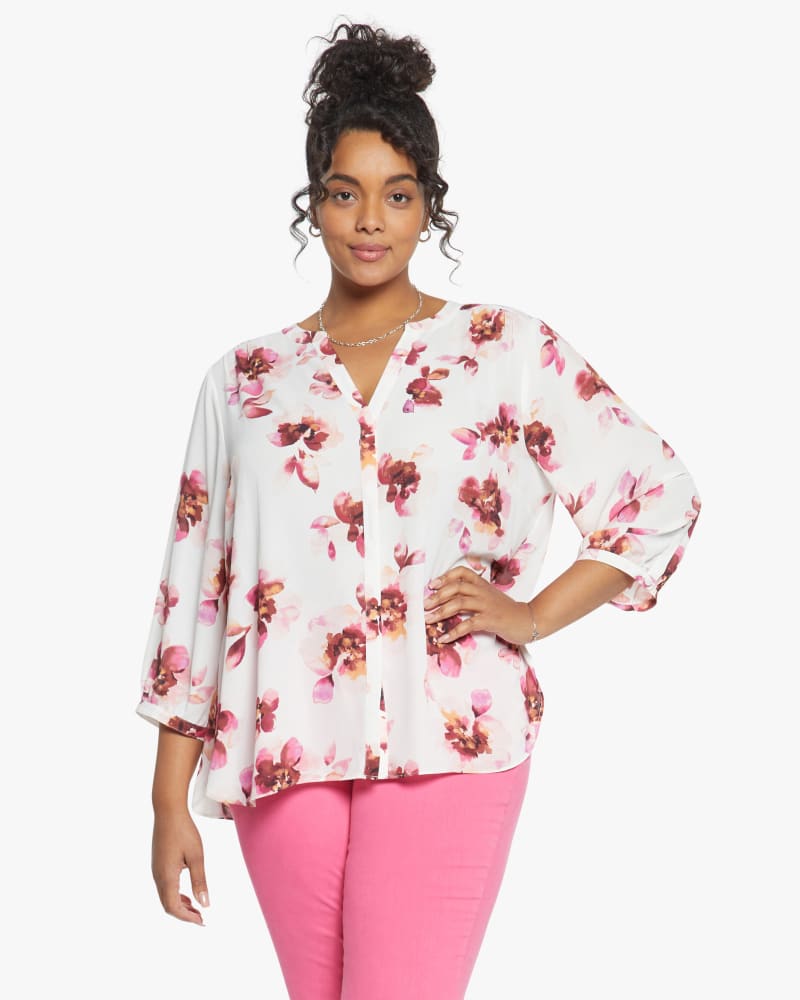 Front of a model wearing a size 0X Pintuck Blouse in Bonnieux by NYDJ. | dia_product_style_image_id:187682